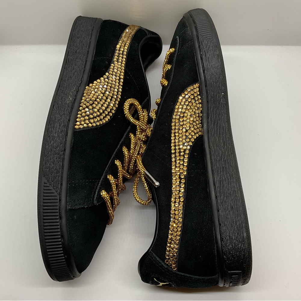 PUMA SUEDE CLASSIC Sneakers Womans 8 W/GOLD Swavorski Stones & Laces! BLK/BLK - Picture 2 of 12